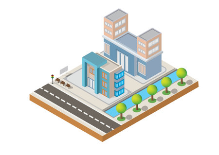 Isometric Building vector. Two building on Yard with road. building 3d , smart city, Vector office and town apartment concept.のイラスト素材
