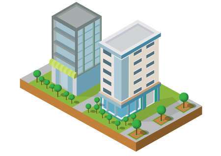 Isometric Building vector. Two building on Yard with road. building 3d , smart city, Vector office and town apartment concept.のイラスト素材