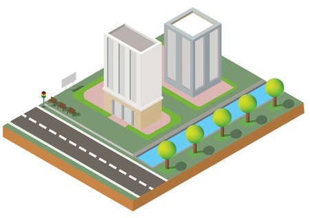 Isometric Building vector. Two building on Yard with road. building 3d , smart city, Vector office and town apartment concept.のイラスト素材