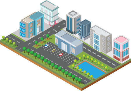 Isometric Building vector. They are  on Yard with road and trees.smart city and public park.building 3d,cars,capital , Vector office and metropolis concept.のイラスト素材