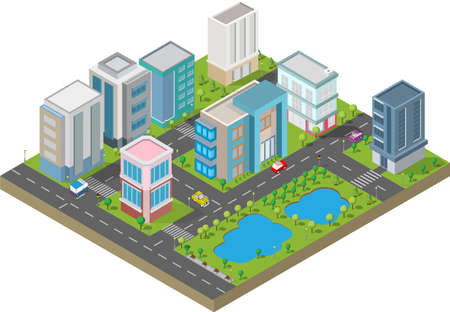 Isometric Building vector. They are  on Yard with road and trees.smart city and public park.building 3d,cars,capital , Vector office and metropolis concept.のイラスト素材