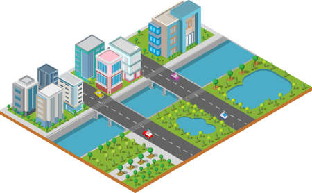 Isometric Building vector. They are  on Yard with road and trees.smart city and public park.building 3d,cars,capital , Vector office and metropolis concept.のイラスト素材