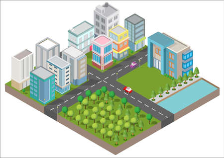 Isometric Building vector. They are  on Yard with road and trees.smart city and public park.building 3d,cars,capital , Vector office and metropolis concept.のイラスト素材