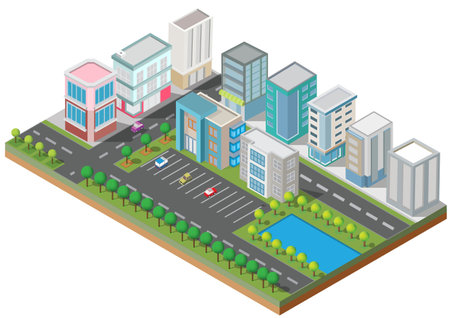 Isometric Building vector. They are  on Yard with road and trees.smart city and public park.building 3d,cars,capital , Vector office and metropolis concept.のイラスト素材
