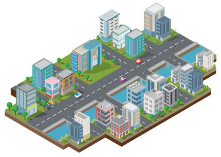 Isometric Building vector. They are  on Yard with road and trees.smart city and public park.building 3d,cars,capital , Vector office and metropolis concept.のイラスト素材
