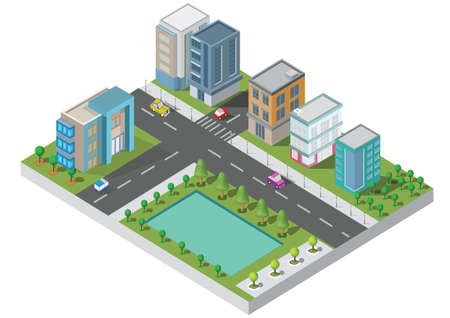Isometric Building vector. They are  on Yard with road and trees.smart city and public park.building 3d,cars,capital , Vector office and metropolis concept.のイラスト素材