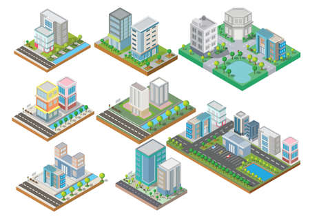 Set Isometric Building vector and town.They are on Yard,river with car and road.building 3d,smart city,Vector office and town apartment concept.のイラスト素材