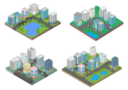 Set Isometric Building vector and town.They are on Yard,river with car and road.building 3d,smart city,Vector office and town apartment concept.のイラスト素材