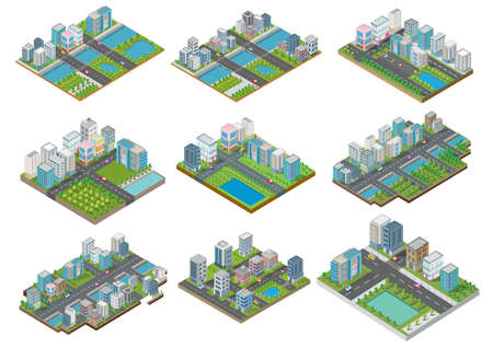 Set Isometric Building vector and town.They are on Yard,river with car and road.building 3d,smart city,Vector office and town apartment concept.のイラスト素材