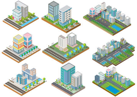 Set Isometric Building vector and town.They are on Yard,river with car and road.building 3d,smart city,Vector office and town apartment concept.のイラスト素材