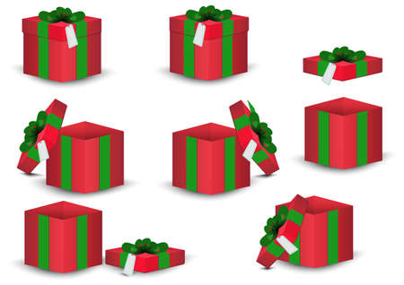 Open empty set of 3d gift box on isolate background. Red gift and Price tag with green ribbons.green bows, excited,happy, glad.のイラスト素材