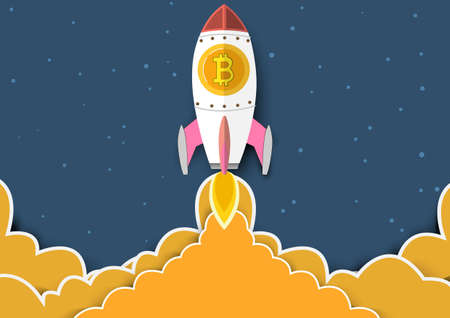 Blockchain with a rocket. Bitcoin is Symbol going in to sky.Blockchain technologies,bitcoins,altcoins,finance digital money market, Vector banner and Digital cryptocurrency concept.のイラスト素材