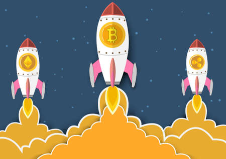 Blockchain with a rocket. Bitcoin is Symbol going in to sky.Blockchain technologies,bitcoins,altcoins,finance digital money market, Vector banner and Digital cryptocurrency concept.のイラスト素材