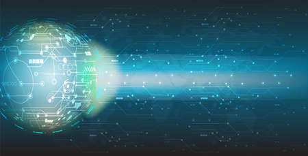 Abstract blue technology background.Vector world circle and electricity line with blue electronic cycle.Digital data , circuit board, Scientific background,Digital art and Abstract background concept.の写真素材