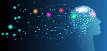 Abstract human head with a line brain network.circle and electricity with blue electronic...