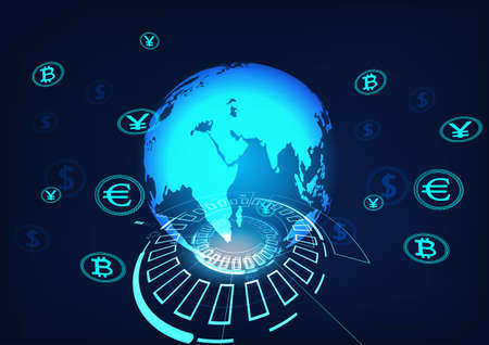 World money with financial communications.World wide web electronic cryptocurrency and modern technology.Online banking,Vector modern technology and financial communications concept.のイラスト素材