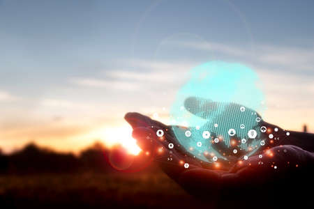 In the morning sunrise in to sky. Early morning sunrise over the river and building.Photo landscape Bangkok Thailand.の写真素材