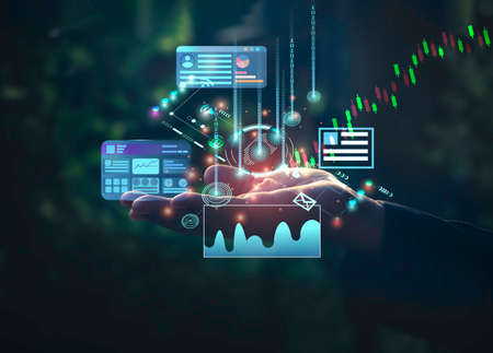 Hand man using laptop computer for doing cloud uploading data on the Internet online.network,media,keyword,Digital Web,Photo concept information and Technology.の写真素材