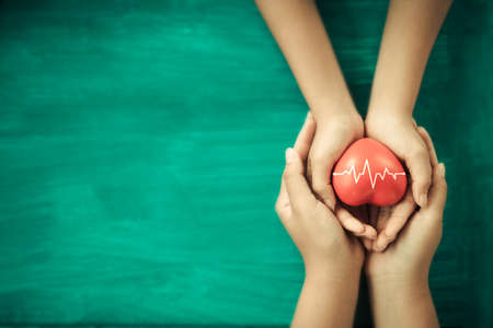 A hand holding red heart with heart wave.She is hand holding it on blue background.heart health,happy volunteer charity,The photo shows the principle of caring and good health.の写真素材