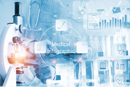 Double exposure microscope Young woman scientific using equipment in the laboratory for research.Biotechnology,development,chemical,study,vaccine,COVID-19. Photo concept experimentation and research.の写真素材
