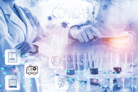 Double exposure microscope Young woman scientific using equipment in the laboratory for research.Biotechnology,development,chemical,study,vaccine,COVID-19. Photo concept experimentation and research.の写真素材