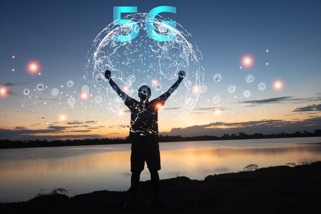Silhouette man standing with circle network communication technology for 5G.Data in the global...