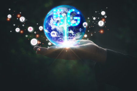 Hand holding circle network communication technology for 5G.Data in the global computer...
