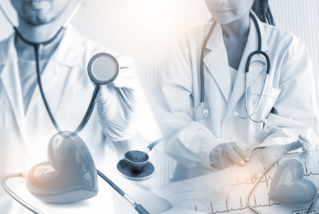 Double exposure Medicine doctor and health care.Health care with medical working in hospital.study,vaccine, rising growth.COVID-19. Photo Medical and technology concept.の写真素材