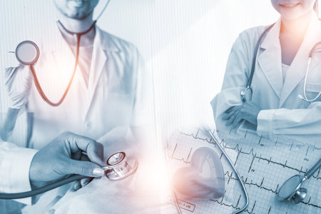 Double exposure Medicine doctor and health care.Health care with medical working in hospital.study,vaccine, rising growth.COVID-19. Photo Medical and technology concept.の写真素材