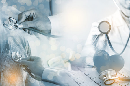 Double exposure Medicine doctor and health care.Health care with medical working in hospital.study,vaccine, rising growth.COVID-19. Photo Medical and technology concept.の写真素材