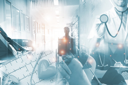 Double exposure Medicine doctor and health care.Health care with medical working in hospital.study,vaccine, rising growth.COVID-19. Photo Medical and technology concept.の写真素材