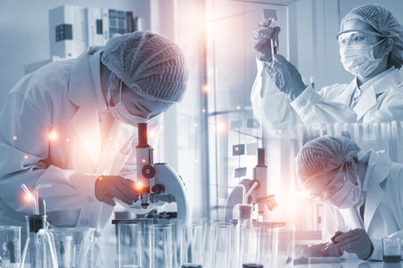 Double exposure microscope and Young woman scientific using equipment in the laboratory for research.Biotechnology,development,chemical,vaccine,COVID-19. Photo concept experimentation and research.の写真素材