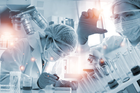Double exposure microscope and Young woman scientific using equipment in the laboratory for research.Biotechnology,development,chemical,vaccine,COVID-19. Photo concept experimentation and research.の写真素材