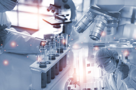 Double exposure microscope and Young woman scientific using equipment in the laboratory for research.Biotechnology,development,chemical,vaccine,COVID-19. Photo concept experimentation and research.の写真素材