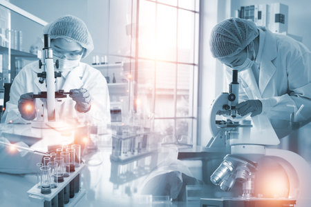 Double exposure microscope and Young woman scientific using equipment in the laboratory for research.Biotechnology,development,chemical,vaccine,COVID-19. Photo concept experimentation and research.の写真素材