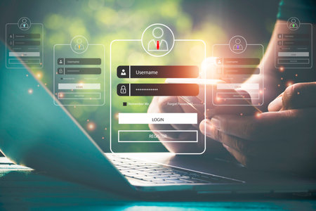 User typing login and password.Hand man use mobile phone for  log in to enter login and password.sign in page,User profile,Information privacy,Internet.photo Cyber protection and technology concept.の写真素材