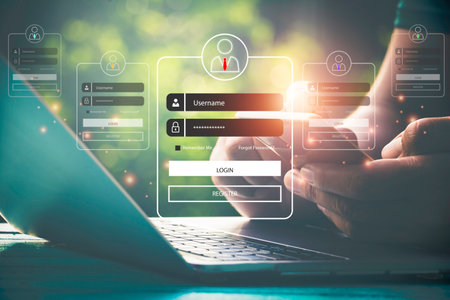 User typing login and password.Hand man use mobile phone for  log in to enter login and password.sign in page,User profile,Information privacy,Internet.photo Cyber protection and technology concept.の素材 [FY310199343458]