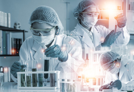 Double exposure microscope and Young woman scientific using equipment in the laboratory for research.Biotechnology,development,chemical,vaccine,COVID-19. Photo concept experimentation and research.の写真素材