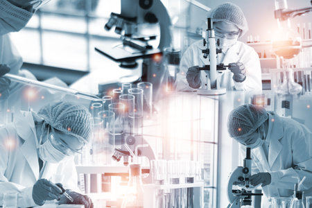 Double exposure microscope and Young woman scientific using equipment in the laboratory for research.Biotechnology,development,chemical,vaccine,COVID-19. Photo concept experimentation and research.の写真素材