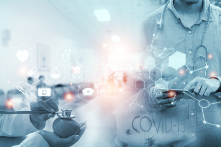 Double exposure Medicine doctor and health care.Health care with medical working in hospital.study,vaccine, rising growth.COVID-19. Photo Medical and technology concept.の写真素材