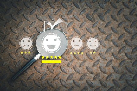 Goal board inside of magnifier glass for pointing for check mark icon and face emoticon .finding,selection situation,positive.Photo thinking and mindset concept.の写真素材