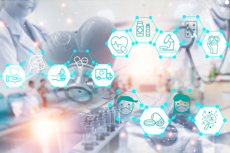 Double exposure Medicine doctor and health care.Health care with medical working in hospital.study,vaccine, rising growth.COVID-19. Photo Medical and technology concept.の写真素材