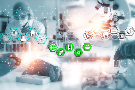 Double exposure microscope and Young woman scientific using equipment in the laboratory for research.Biotechnology,development,chemical,vaccine,COVID-19. Photo concept experimentation and research.の写真素材