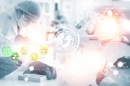 Double exposure microscope and Young woman scientific using equipment in the laboratory for research.Biotechnology,development,chemical,vaccine,COVID-19. Photo concept experimentation and research.の写真素材