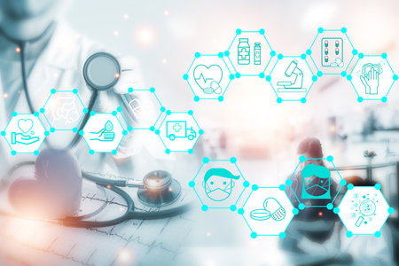Double exposure Medicine doctor and health care.Health care with medical working in hospital.study,vaccine, rising growth.COVID-19. Photo Medical and technology concept.の写真素材