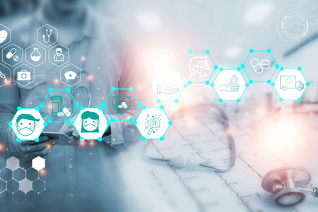 Double exposure Medicine doctor and health care.Health care with medical working in hospital.study,vaccine, rising growth.COVID-19. Photo Medical and technology concept.の写真素材