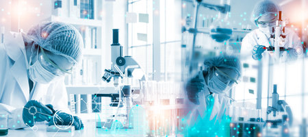 Double exposure microscope and Young woman scientific using equipment in the laboratory for research.Biotechnology,development,chemical,vaccine,COVID-19. Photo concept experimentation and research.の写真素材