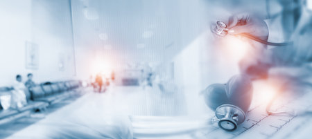 Double exposure Medicine doctor and health care.Health care with medical working in hospital.study,vaccine, rising growth.COVID-19. Photo Medical and technology concept.の写真素材