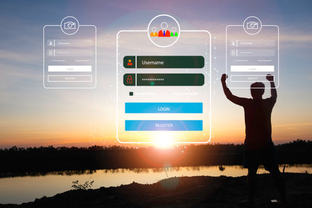 Silhouette man standing with User typing login.sign in page,User profile,Information privacy,Internet.photo Cyber protection and technology concept.の写真素材