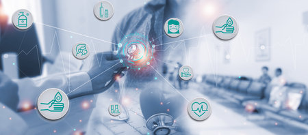 Double exposure Medicine doctor and health care.Health care with medical working in hospital.study,vaccine, rising growth.COVID-19. Photo Medical and technology concept.の写真素材